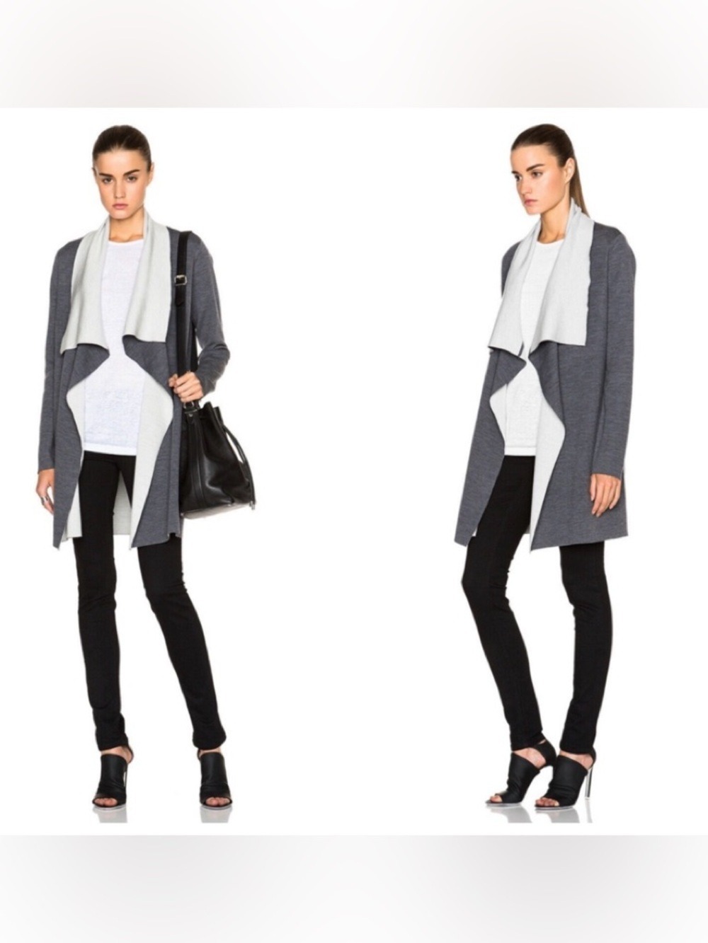 Vince Open-Front Draped Cardigan in Light Gray and Charcoal Trim